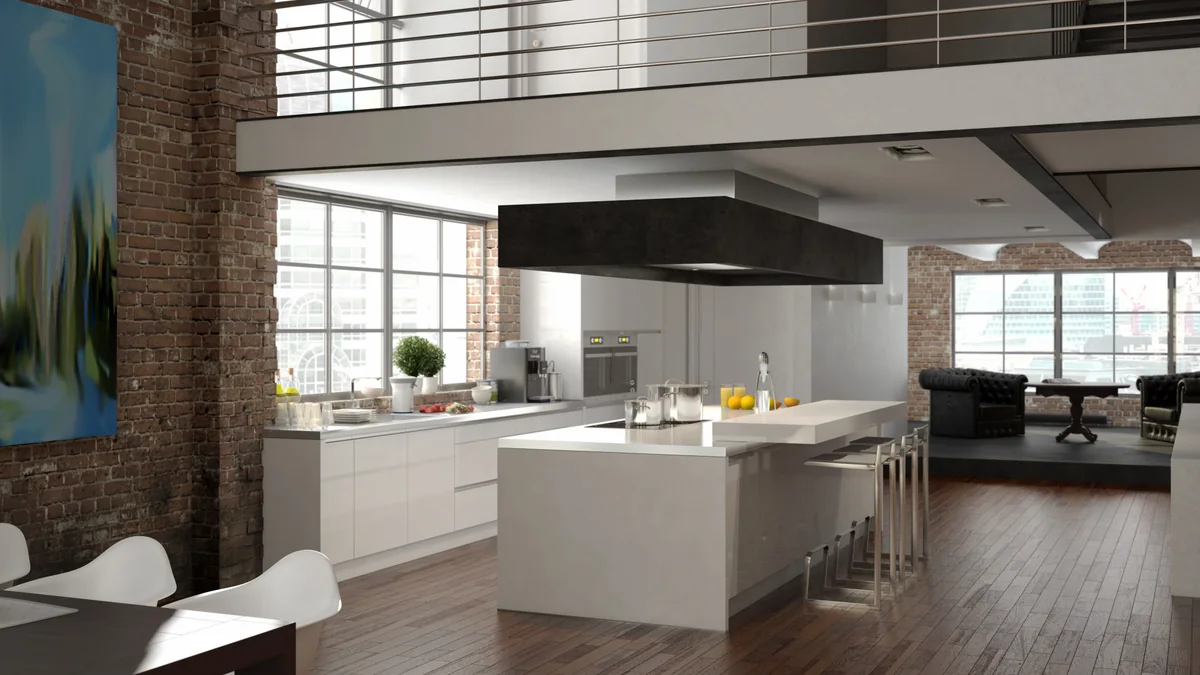 Offener Loft mit Backsteinwänden, Galerie, Holzboden und heller Küche